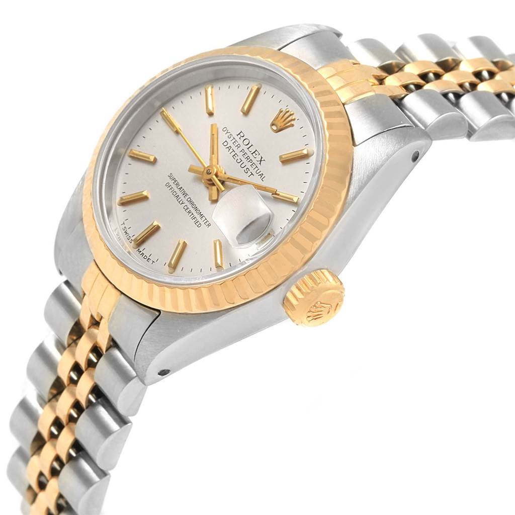 This image shows a Rolex Datejust 69173 Women's Stainless Steel Silver Dial 69173 Women's Stainless Steel Silver Dial watch at a 3/4 angle, highlighting the dial, bezel, crown, and part of the bracelet.