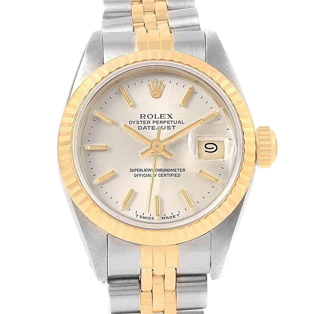 The image shows a front view of the Rolex Datejust 69173 Women's Stainless Steel Silver Dial 69173 Women's Stainless Steel Silver Dial watch, highlighting the dial, hands, bezel, date window, and part of the bracelet.
