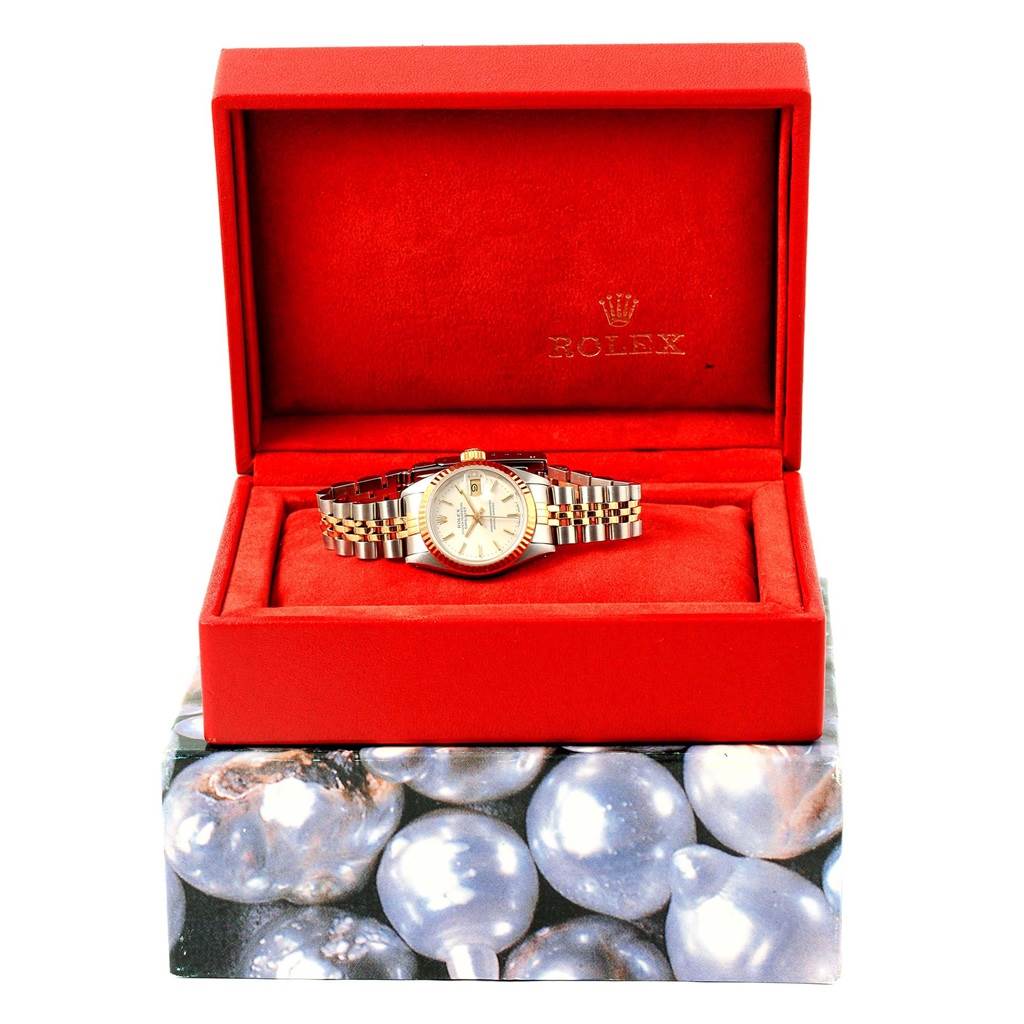 This image shows a Rolex Datejust 69173 Women's Stainless Steel Silver Dial 69173 Women's Stainless Steel Silver Dial watch from a frontal angle, displayed inside its red box.