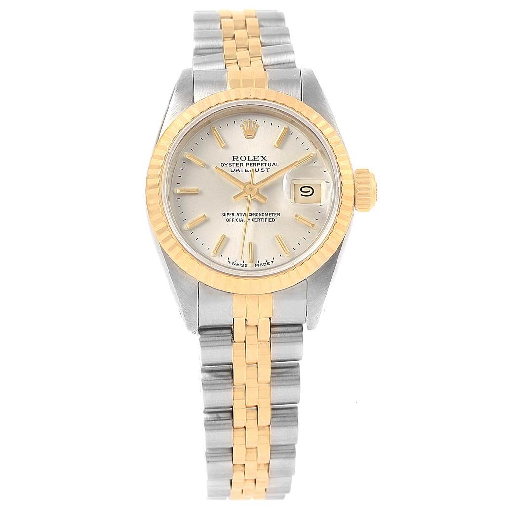The image displays a Rolex Datejust 69173 Women's Stainless Steel Silver Dial 69173 Women's Stainless Steel Silver Dial watch from a top-down angle, showcasing its two-tone bracelet, dial, and bezel.
