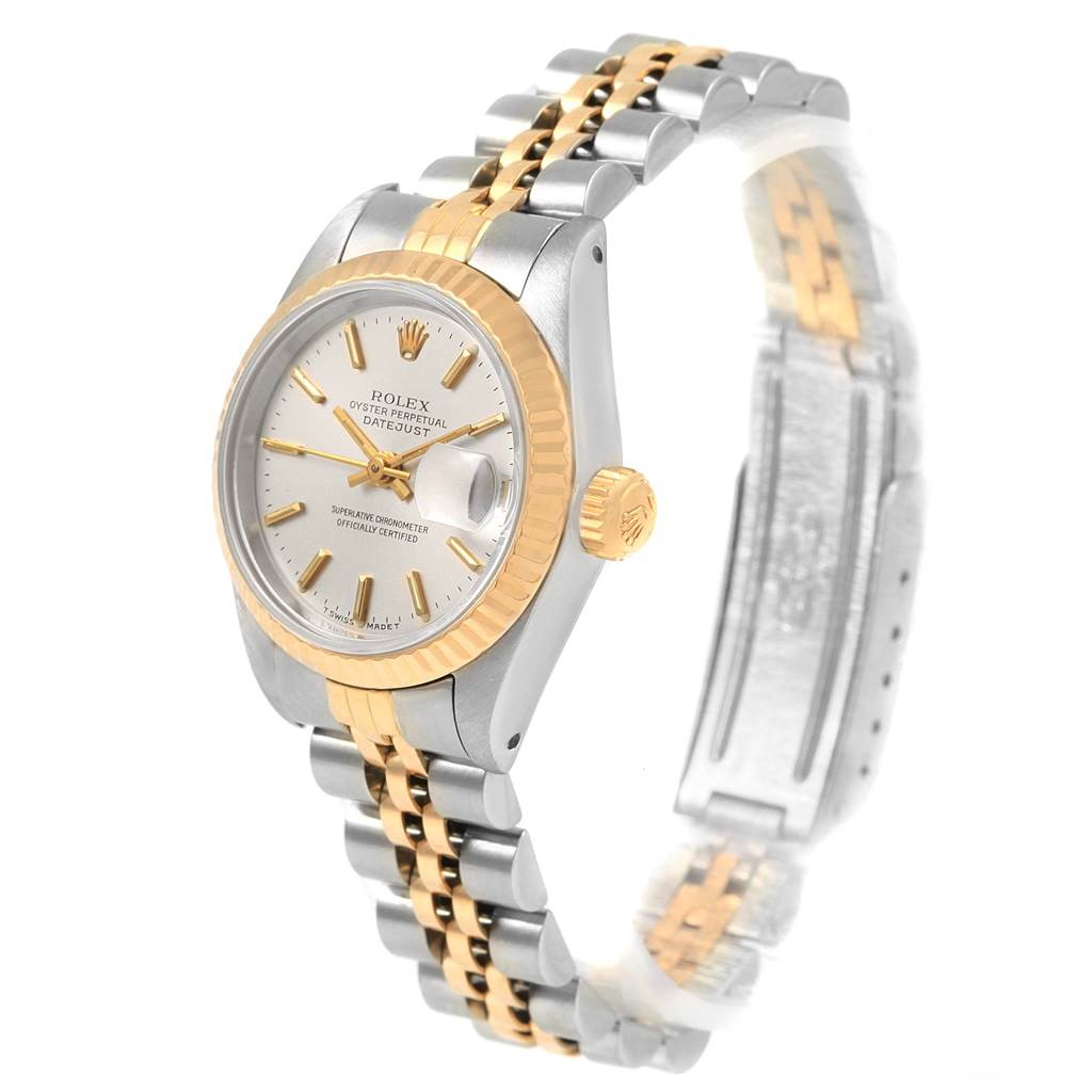 This image features a Rolex Datejust 69173 Women's Stainless Steel Silver Dial 69173 Women's Stainless Steel Silver Dial watch at a front angle, showing the face, bezel, and Jubilee bracelet.