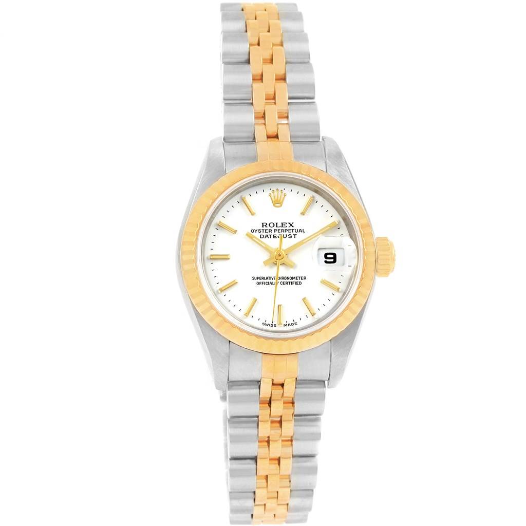 The image shows a front view of a Rolex Datejust 79173 Women's Steel and Gold (two tone) White Dial 79173 Women's Steel and Gold (two tone) White Dial watch, featuring a two-tone bracelet, fluted bezel, and date display.