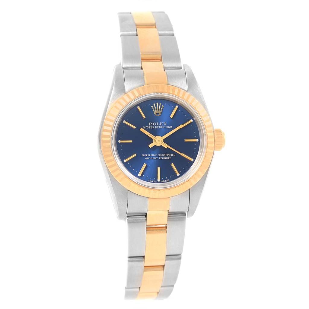 The image displays a front view of a Rolex Datejust 76193 Women's Steel and Gold (two tone) Blue Dial 76193 Women's Steel and Gold (two tone) Blue Dial watch, showcasing the dial, bezel, and bracelet.