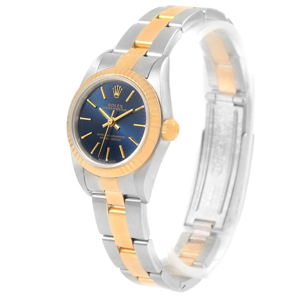 The image shows a Rolex Datejust 76193 Women's Steel and Gold (two tone) Blue Dial 76193 Women's Steel and Gold (two tone) Blue Dial watch at a three-quarter angle, highlighting its two-tone bracelet and blue dial.
