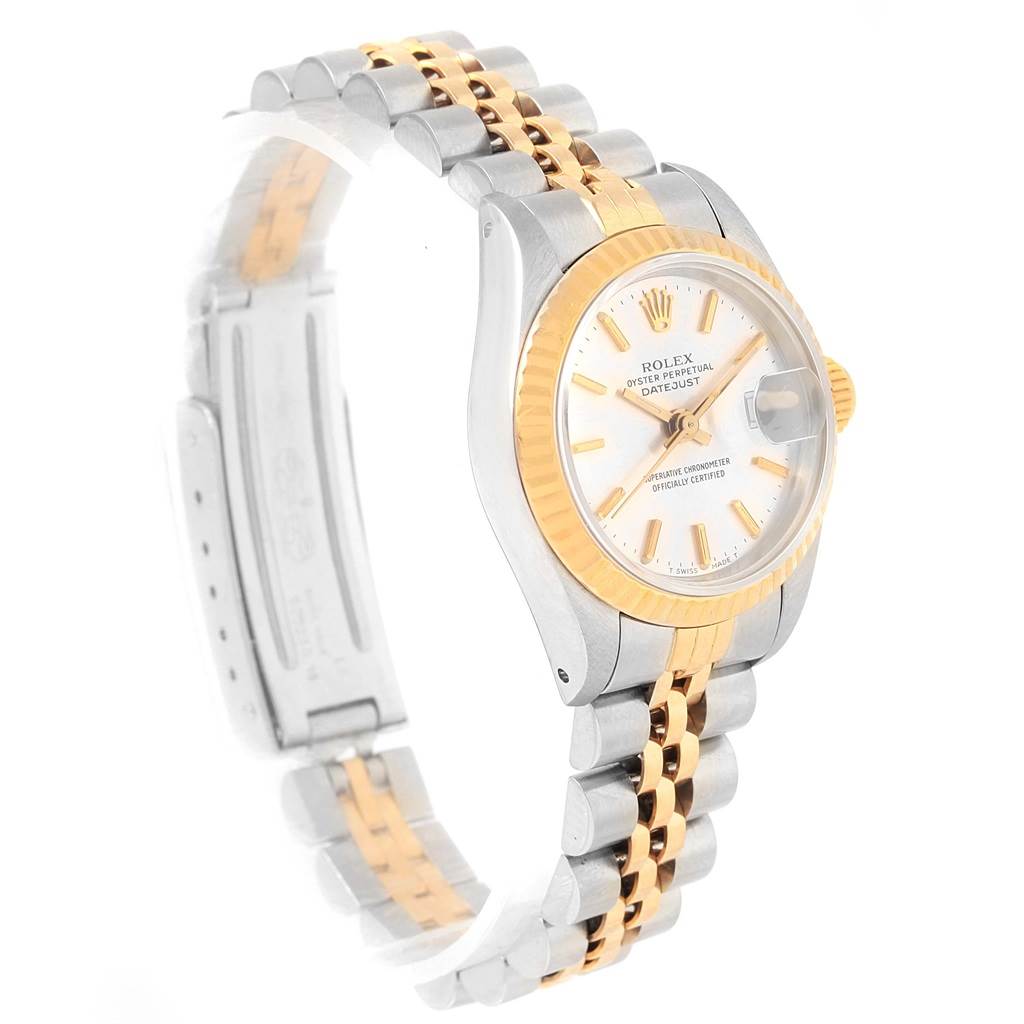 The image shows a Rolex Datejust 69173 Women's Stainless Steel Silver Dial 69173 Women's Stainless Steel Silver Dial watch angled to display the face, fluted bezel, Jubilee bracelet, and clasp.