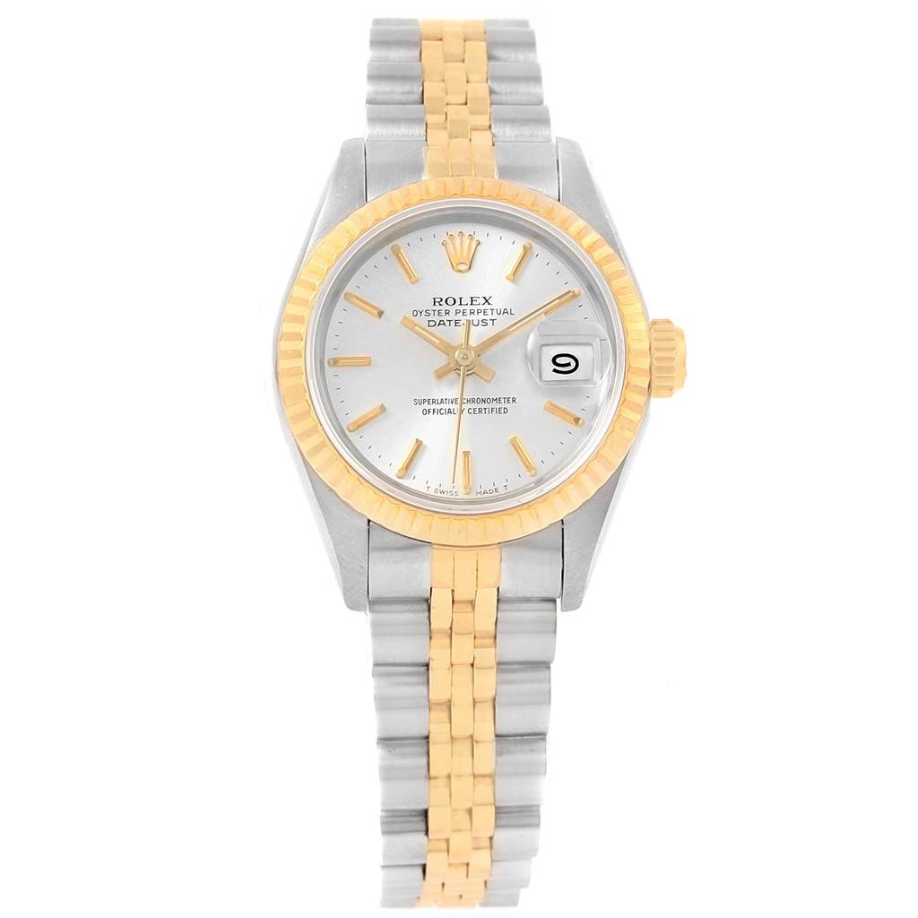 The image shows a Rolex Datejust 69173 Women's Stainless Steel Silver Dial 69173 Women's Stainless Steel Silver Dial watch from a front angle, highlighting its dial, bezel, and two-tone bracelet.