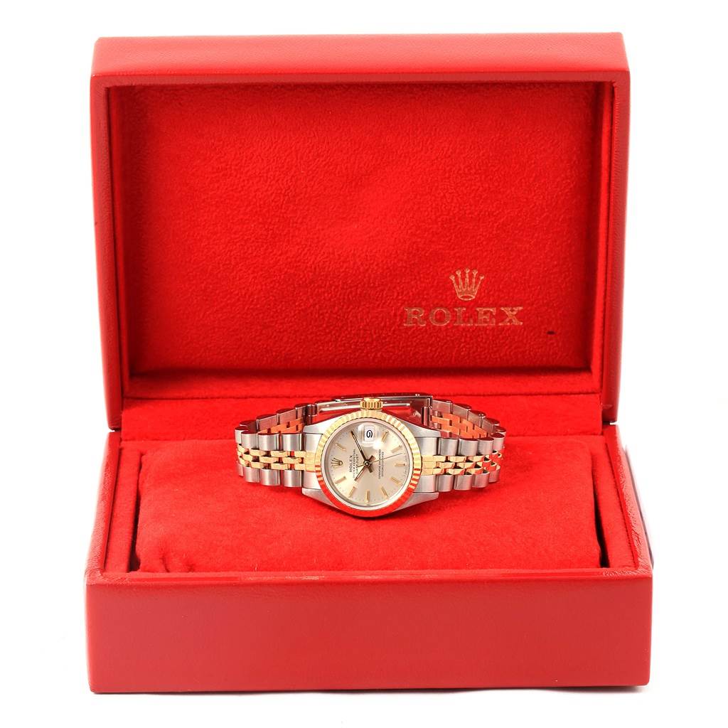 The Rolex Datejust 69173 Women's Stainless Steel Silver Dial 69173 Women's Stainless Steel Silver Dial watch is shown from a front angle, displayed in a red box with Rolex branding.