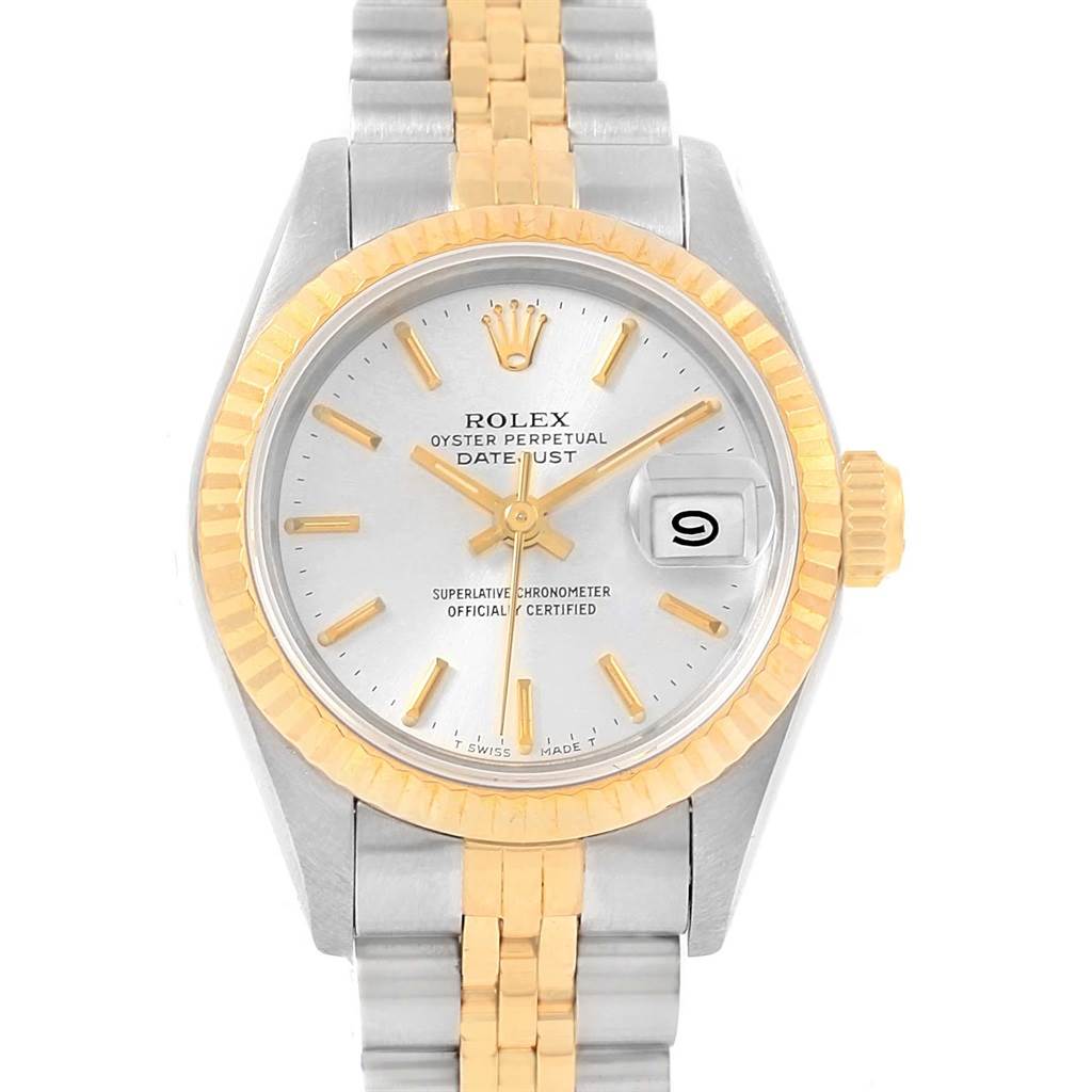 The image shows a front view of a Rolex Datejust 69173 Women's Stainless Steel Silver Dial 69173 Women's Stainless Steel Silver Dial watch, displaying the dial, bezel, case, bracelet, and crown.