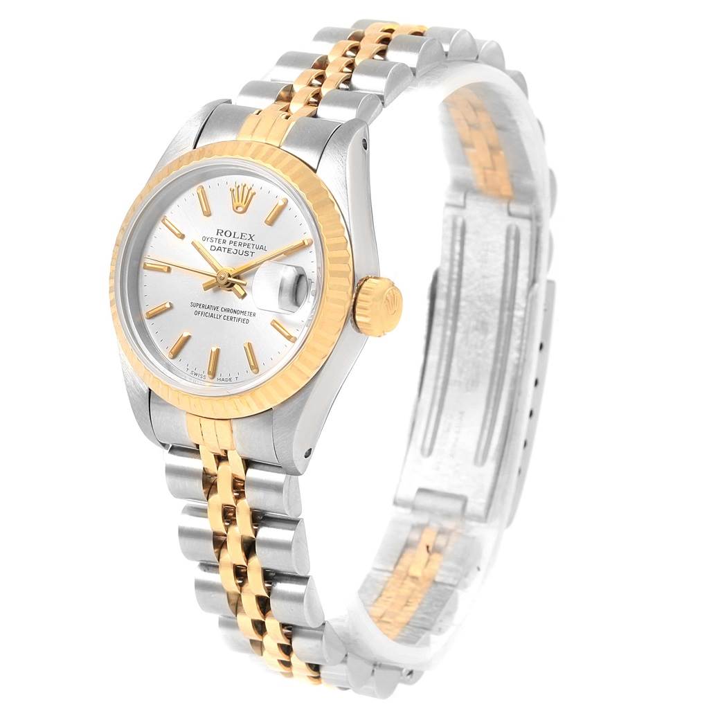 The image shows a Rolex Datejust 69173 Women's Stainless Steel Silver Dial 69173 Women's Stainless Steel Silver Dial watch at a side angle highlighting the bezel, crown, dial, and Jubilee bracelet.