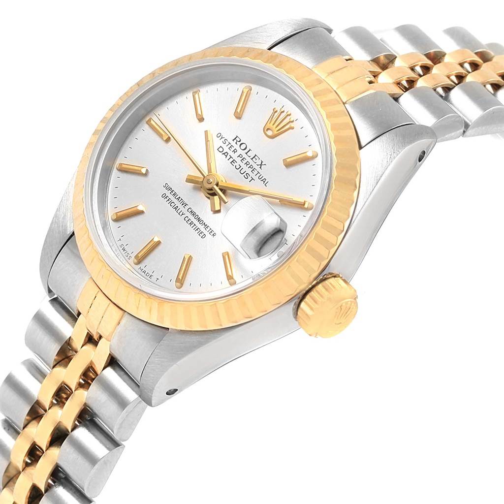The image shows a Rolex Datejust 69173 Women's Stainless Steel Silver Dial 69173 Women's Stainless Steel Silver Dial watch from a slightly angled side view, highlighting the dial, bezel, crown, and bracelet.