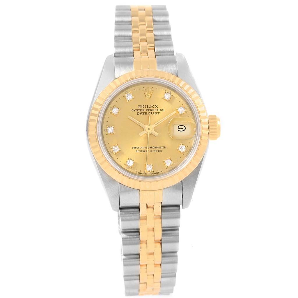 The image shows a Rolex Datejust 69173 Women's Stainless Steel Champagne Dial 69173 Women's Stainless Steel Champagne Dial watch front-on, displaying the face, bracelet, bezel, and date window.