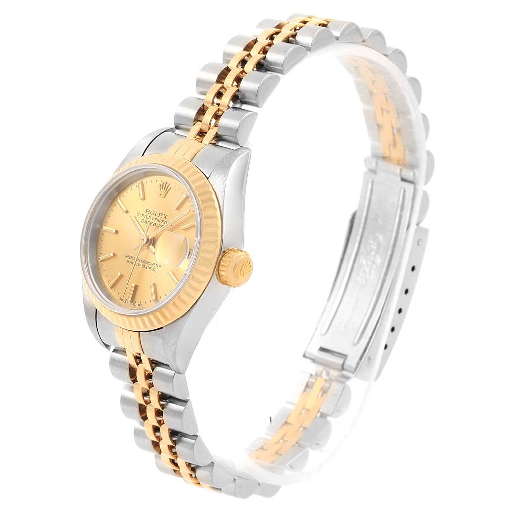 This image shows a Rolex Datejust 79173 Women's Steel and Gold (two tone) Champagne Dial 79173 Women's Steel and Gold (two tone) Champagne Dial watch at a three-quarter angle, displaying its face, bezel, crown, and bracelet.