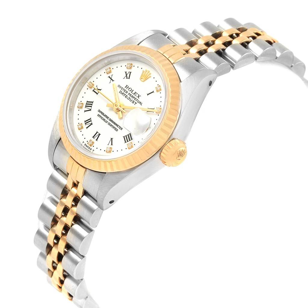 The Rolex Datejust 69173 Women's Stainless Steel White Dial 69173 Women's Stainless Steel White Dial watch is shown at an angled view, highlighting its bezel, dial, crown, and part of the bracelet.