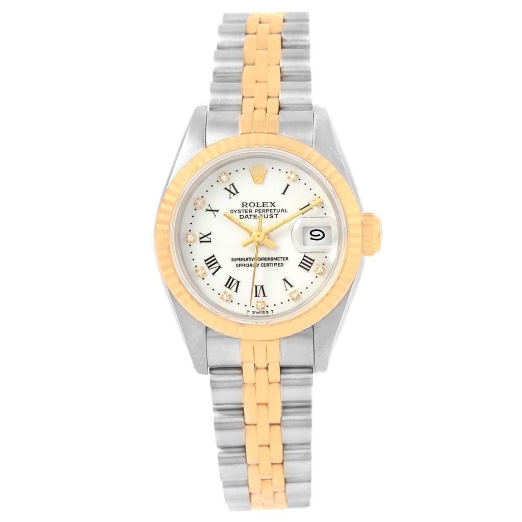 The image shows a frontal view of the Rolex Datejust 69173 Women's Stainless Steel White Dial 69173 Women's Stainless Steel White Dial watch, displaying the face, dial, bezel, and bracelet.