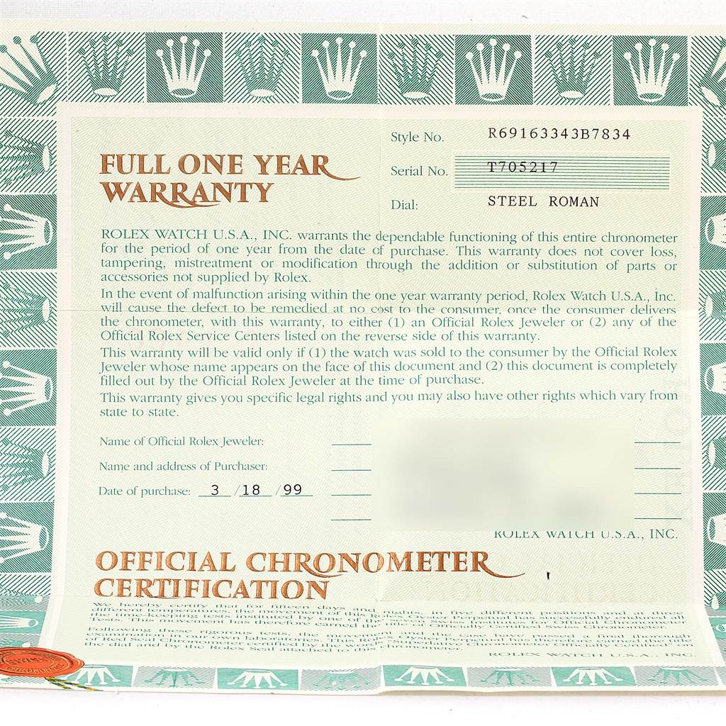 The image shows a full Rolex Datejust 69163 Women's Stainless Steel Grey Dial 69163 Women's Stainless Steel Grey Dial warranty card with model, serial number, and purchase details.