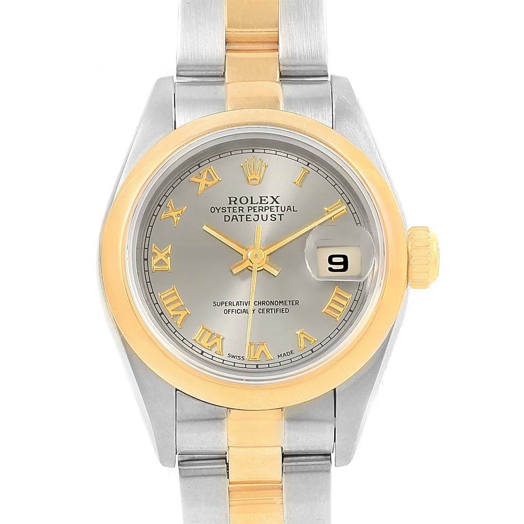 The image shows a front view of the Rolex Datejust 69163 Women's Stainless Steel Grey Dial 69163 Women's Stainless Steel Grey Dial watch, highlighting its two-tone bezel, dial, and bracelet.