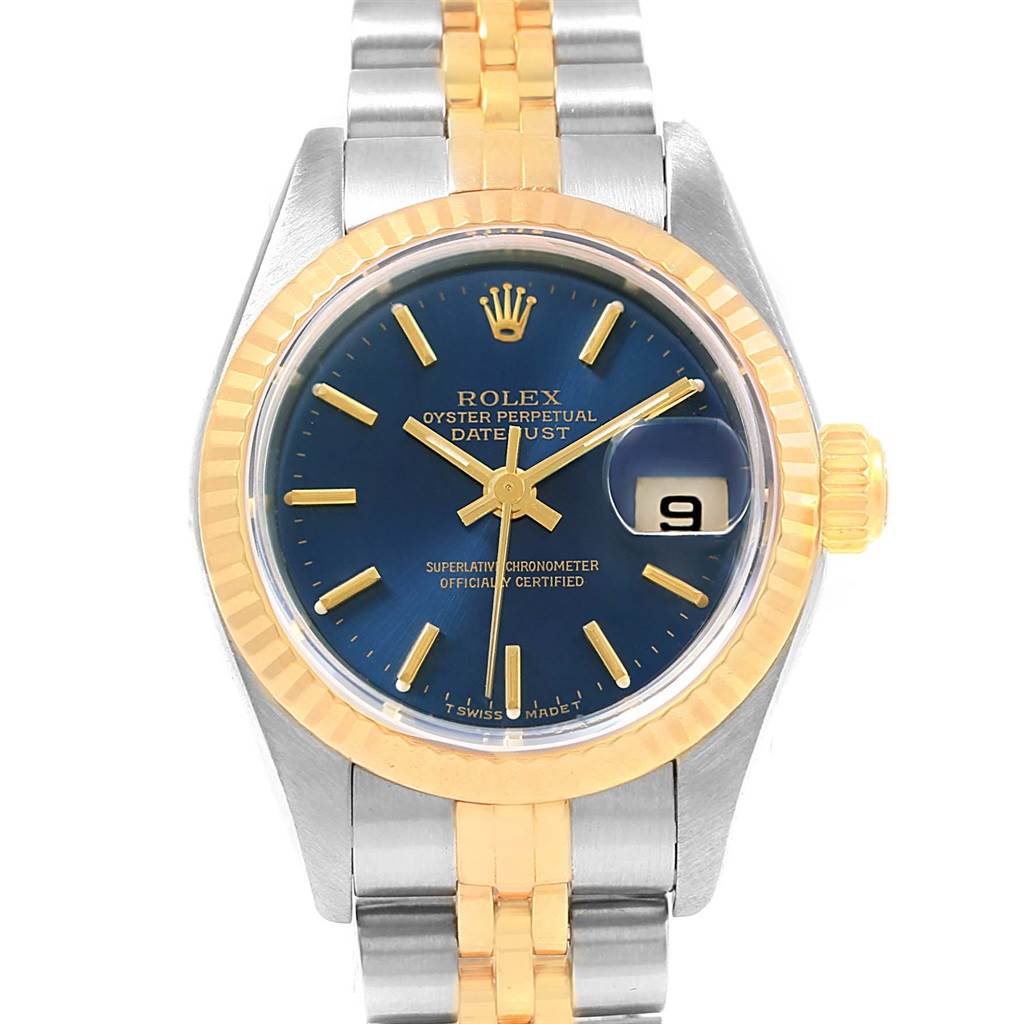 This image shows a front view of the Rolex Datejust 79173 Women's Steel and Gold (two tone) Blue Dial 79173 Women's Steel and Gold (two tone) Blue Dial watch, featuring a blue dial, gold accents, and a two-tone bracelet.
