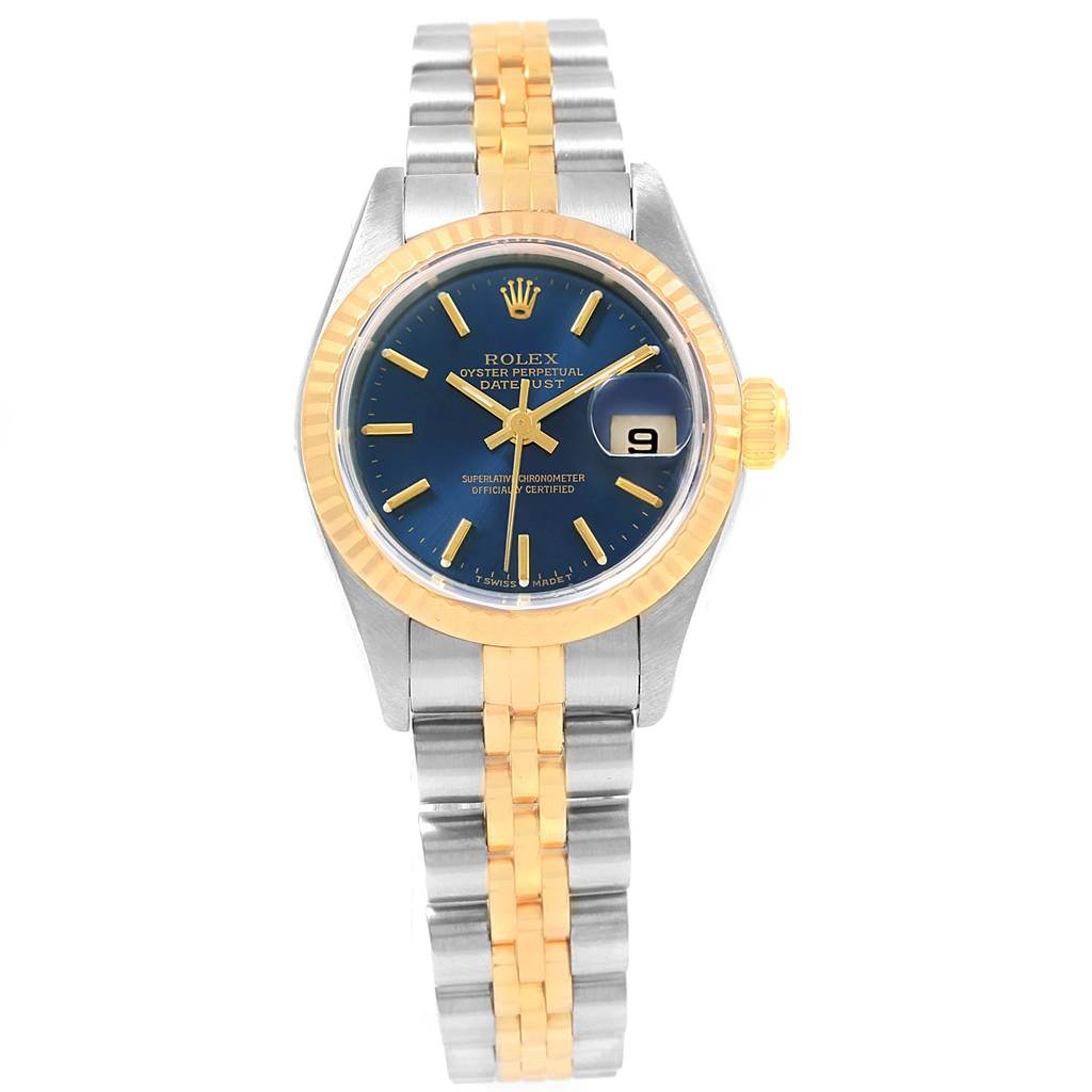 The Datejust Rolex watch is shown from a front angle, displaying the face, bezel, crown, and part of the bracelet.