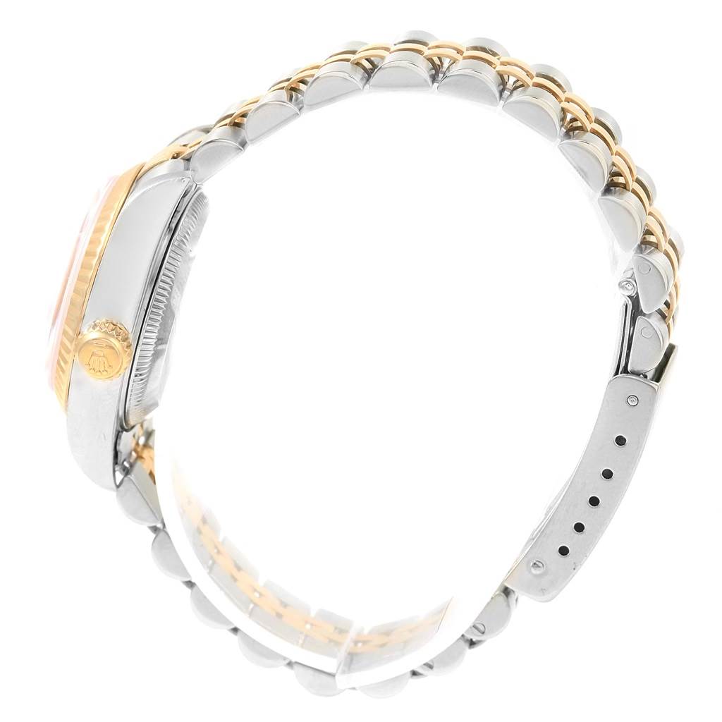 The image shows a side view of a Rolex Datejust 79173 Women's Steel and Gold (two tone) Blue Dial 79173 Women's Steel and Gold (two tone) Blue Dial model, focusing on the crown, case, and bracelet.