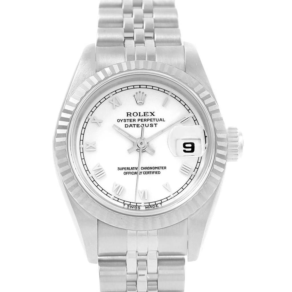 The image shows a front view of a Rolex Datejust 69174 Women's Stainless Steel White Dial 69174 Women's Stainless Steel White Dial watch displaying the dial, bezel, and part of the bracelet.