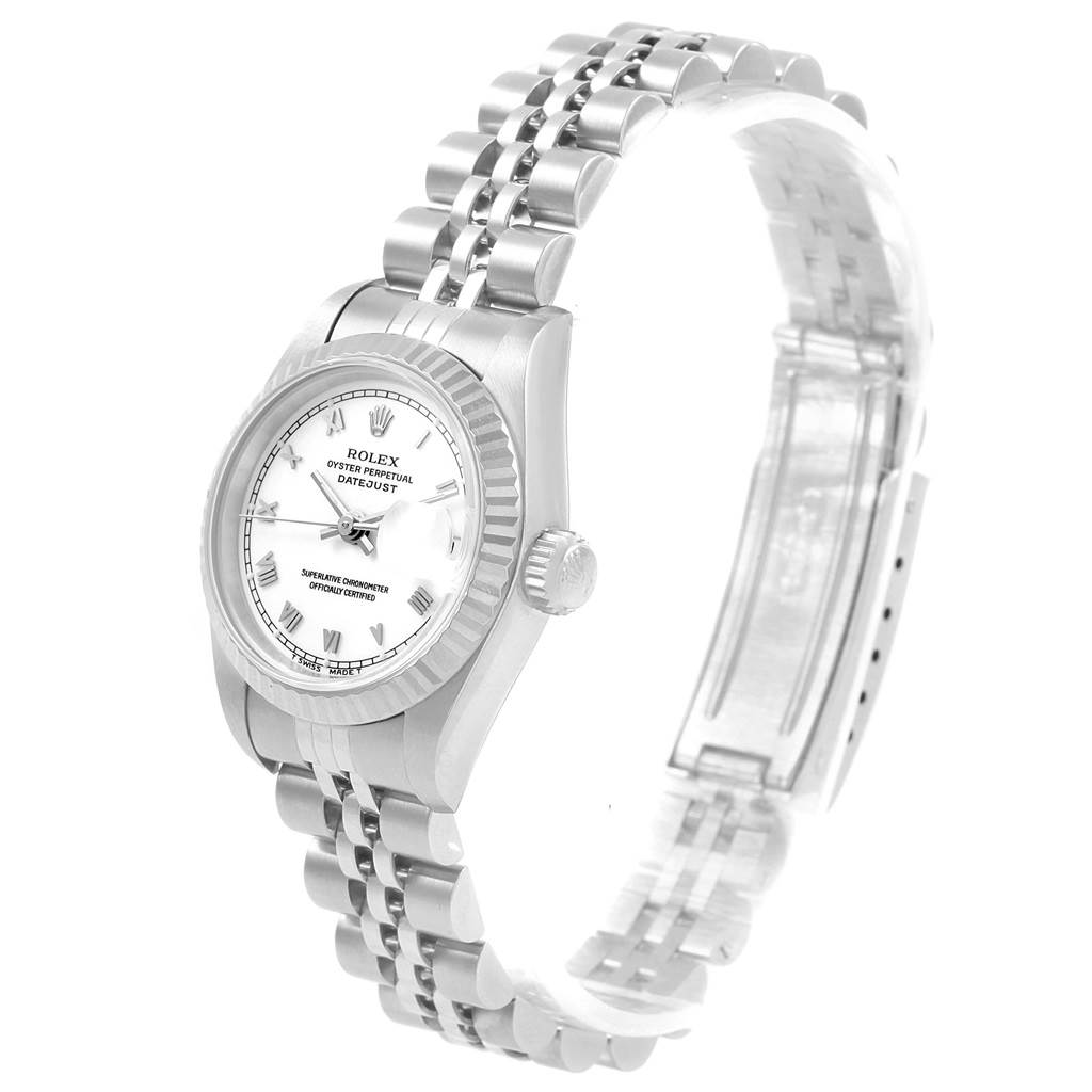 This image shows a Rolex Datejust 69174 Women's Stainless Steel White Dial 69174 Women's Stainless Steel White Dial watch at a slight angle, highlighting its dial, crown, and bracelet.