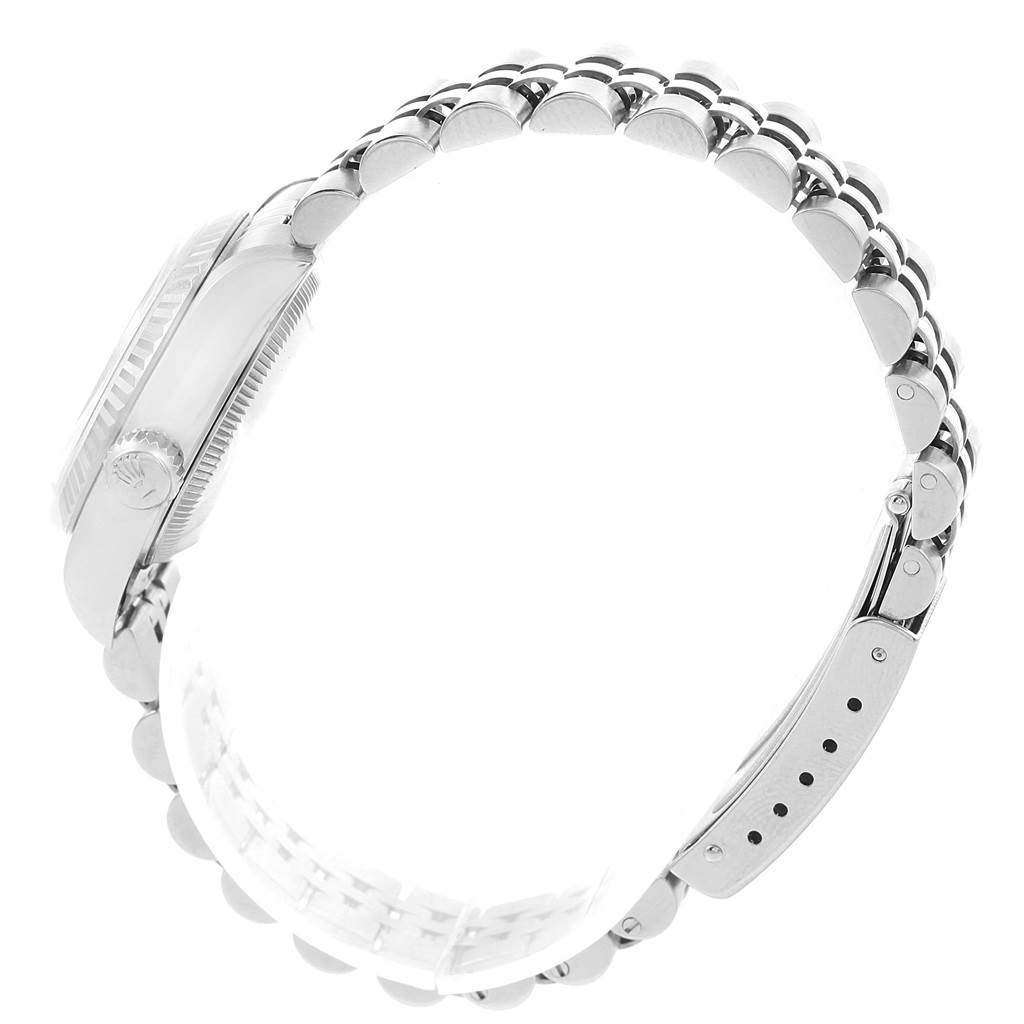 This image shows a side view of the Rolex Datejust 69174 Women's Stainless Steel White Dial 69174 Women's Stainless Steel White Dial watch, highlighting its bracelet and case side.