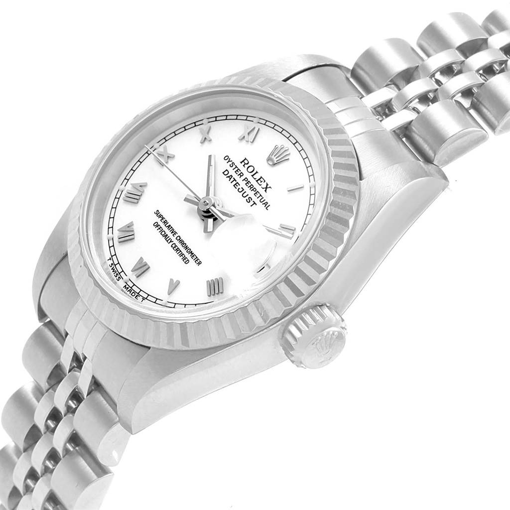 This image shows a close-up angled view of a Rolex Datejust 69174 Women's Stainless Steel White Dial 69174 Women's Stainless Steel White Dial watch, highlighting the dial, crown, and part of the bracelet.