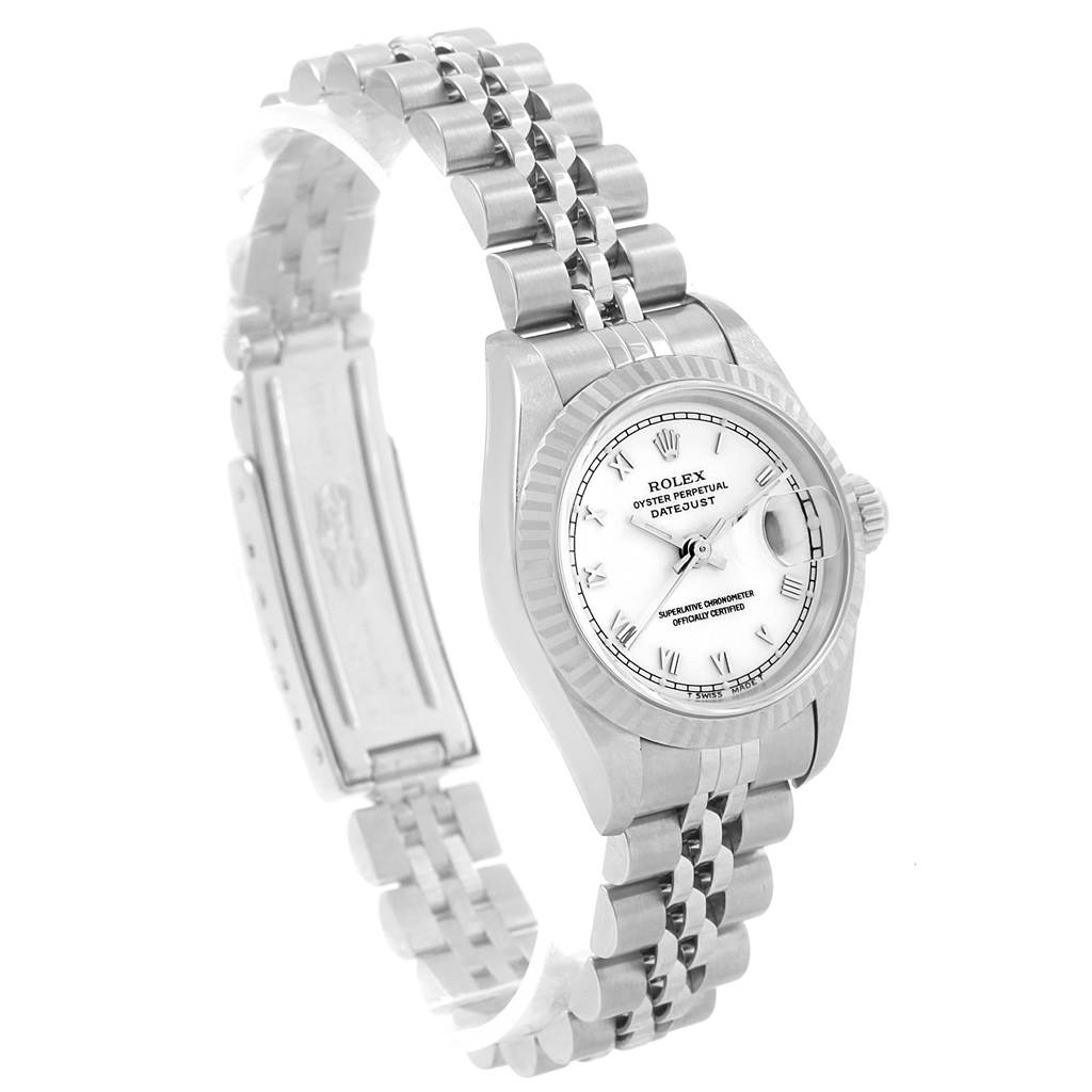 This image shows a Rolex Datejust 69174 Women's Stainless Steel White Dial 69174 Women's Stainless Steel White Dial watch at a front-left angle, highlighting its face, fluted bezel, and Jubilee bracelet.