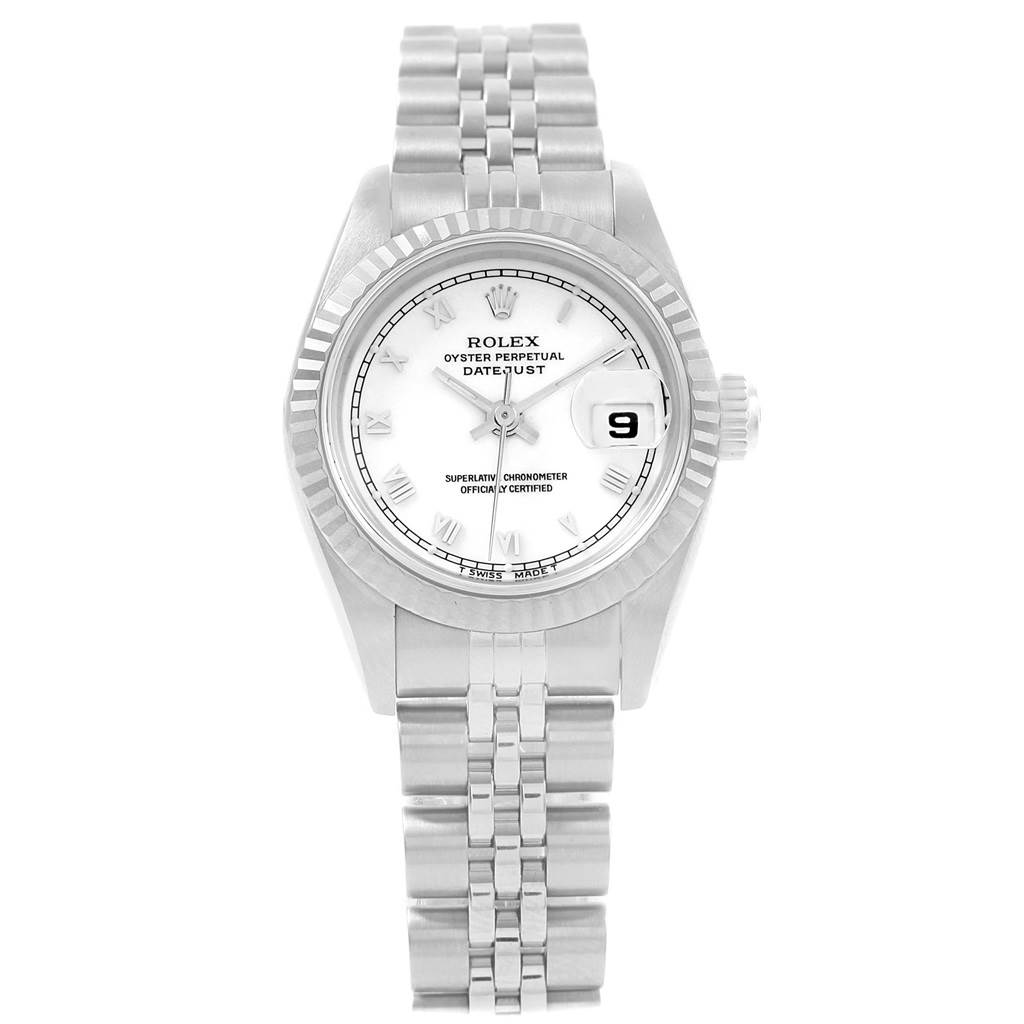 This Rolex Datejust 69174 Women's Stainless Steel White Dial 69174 Women's Stainless Steel White Dial watch is shown from a front angle, displaying its face, bezel, and bracelet.