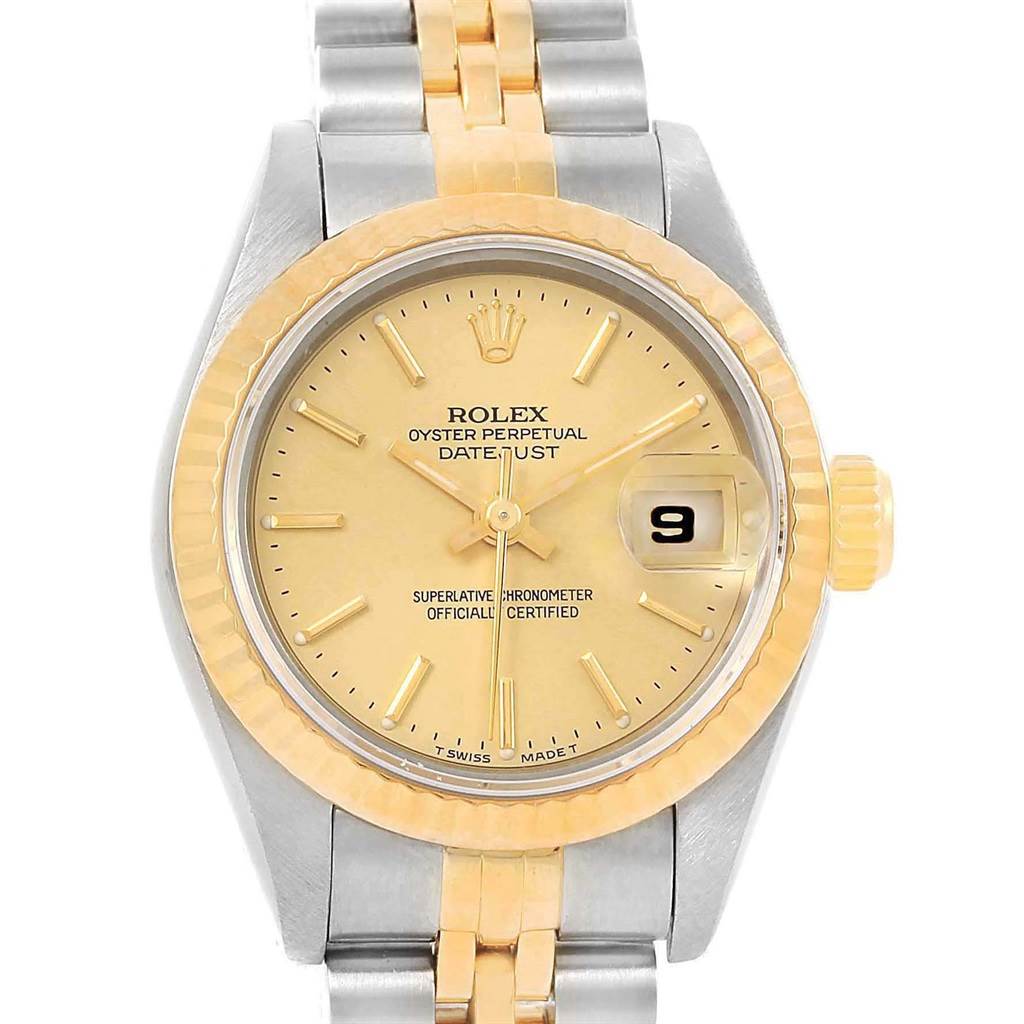 This image shows a front angle of a Rolex Datejust 69173 Women's Stainless Steel Champagne Dial 69173 Women's Stainless Steel Champagne Dial, highlighting the face, bezel, and part of the bracelet.