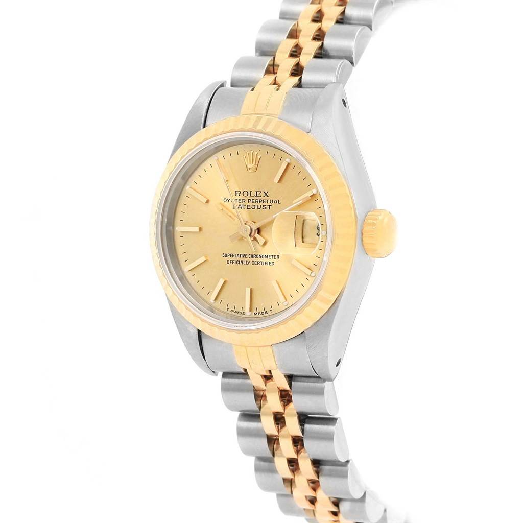 The image shows a Rolex Datejust 69173 Women's Stainless Steel Champagne Dial 69173 Women's Stainless Steel Champagne Dial watch at an angle displaying the face, bezel, crown, and part of the bracelet.