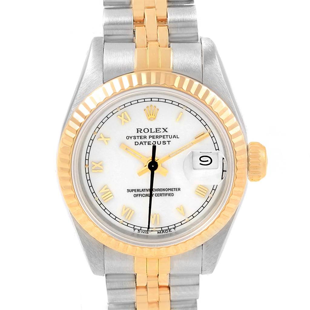 This Rolex Datejust 69173 Women's Stainless Steel White Dial 69173 Women's Stainless Steel White Dial watch is shown from the front, displaying the face, bezel, crown, and part of the two-tone bracelet.