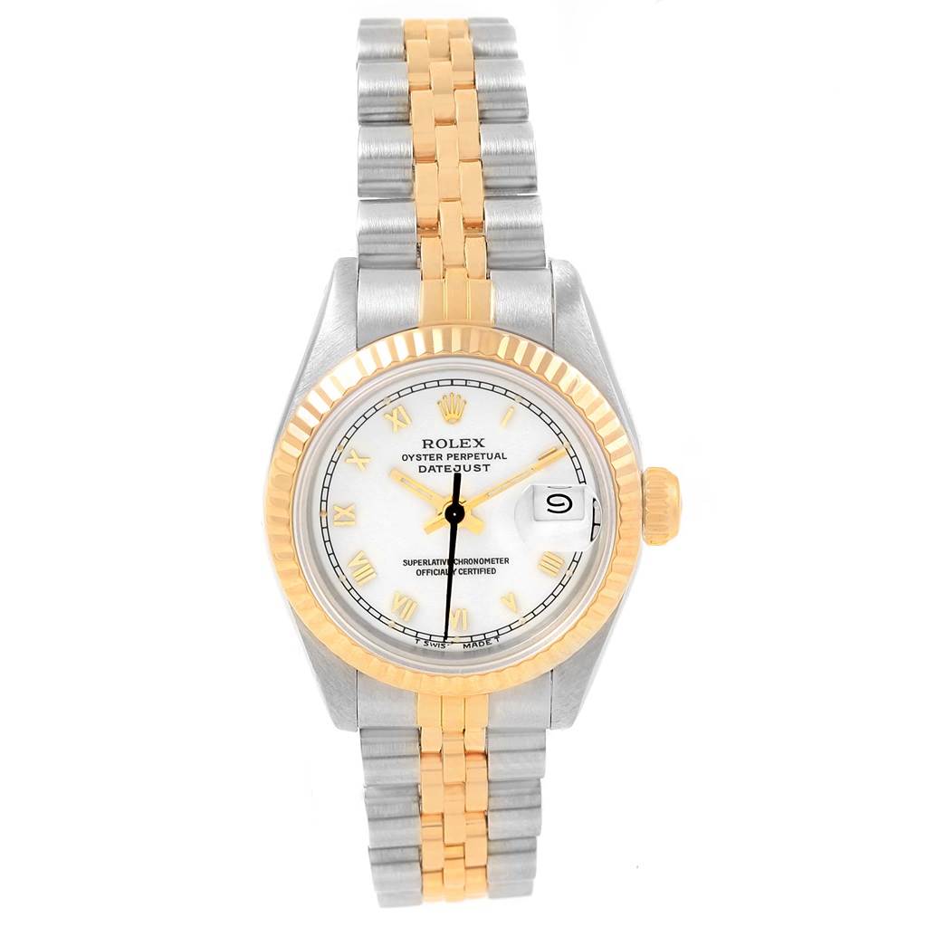 The image shows a front view of a Rolex Datejust 69173 Women's Stainless Steel White Dial 69173 Women's Stainless Steel White Dial watch, highlighting its two-tone bracelet and fluted bezel.