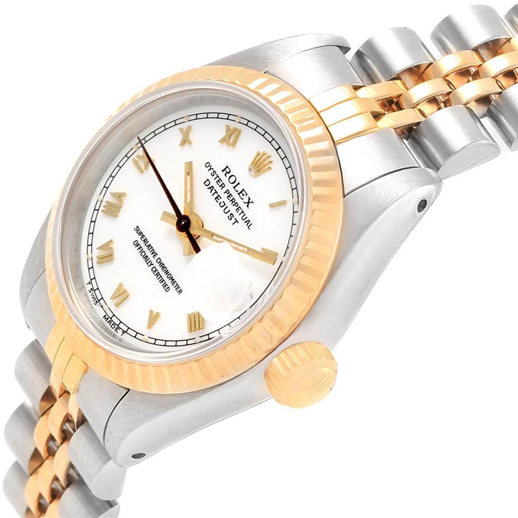 The image shows a side and partial top view of a Rolex Datejust 69173 Women's Stainless Steel White Dial 69173 Women's Stainless Steel White Dial watch, displaying the crown, face, bezel, and part of the bracelet.