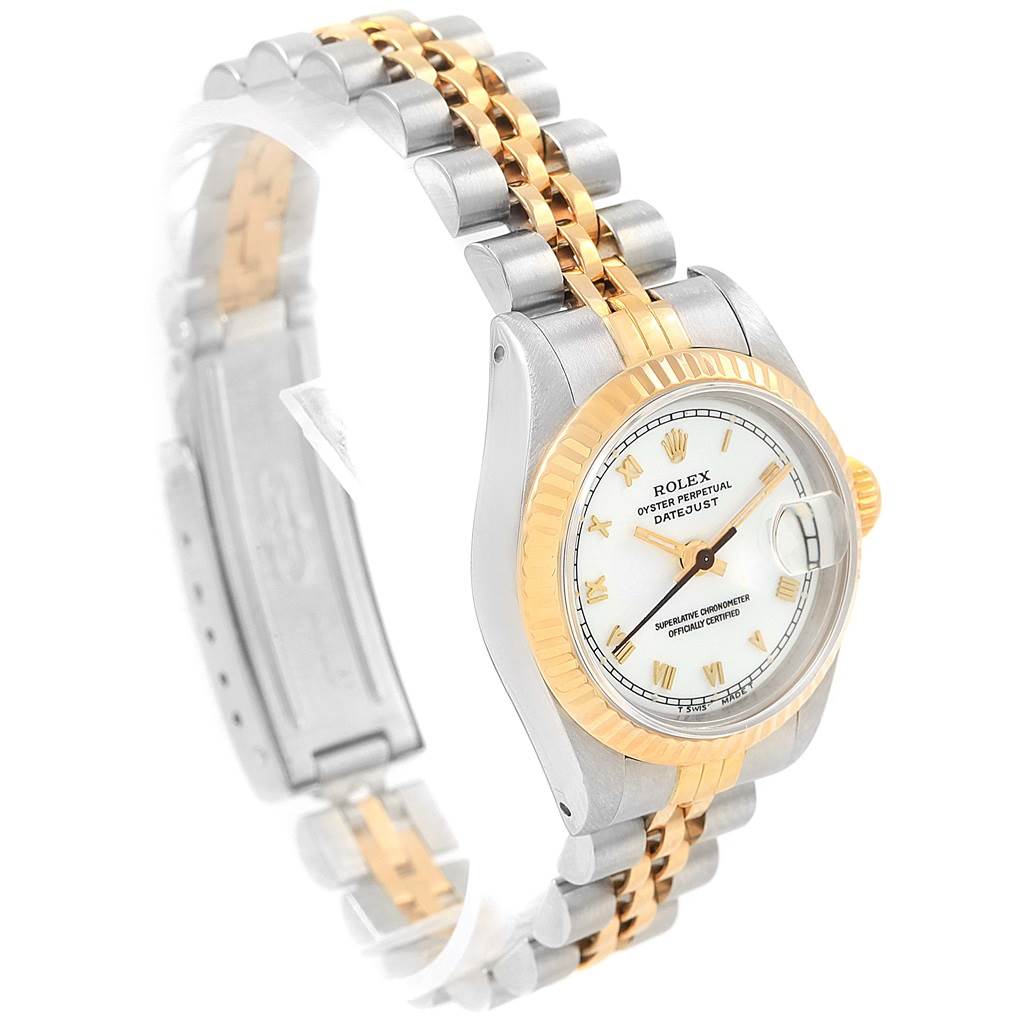 The image shows a Rolex Datejust 69173 Women's Stainless Steel White Dial 69173 Women's Stainless Steel White Dial watch at a three-quarter angle, highlighting its two-tone bracelet and fluted bezel.