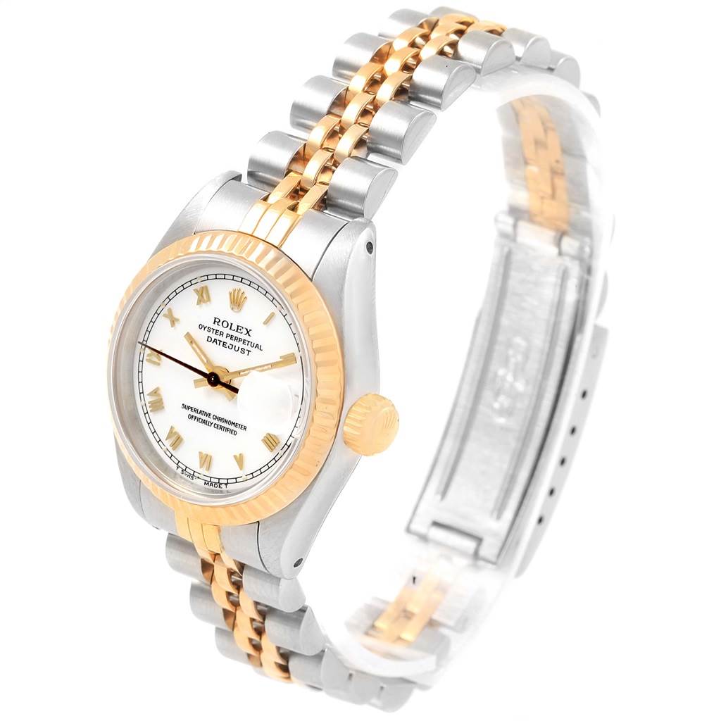 This Rolex Datejust 69173 Women's Stainless Steel White Dial 69173 Women's Stainless Steel White Dial watch is shown at a three-quarter angle, featuring the face, bezel, crown, and two-tone bracelet.