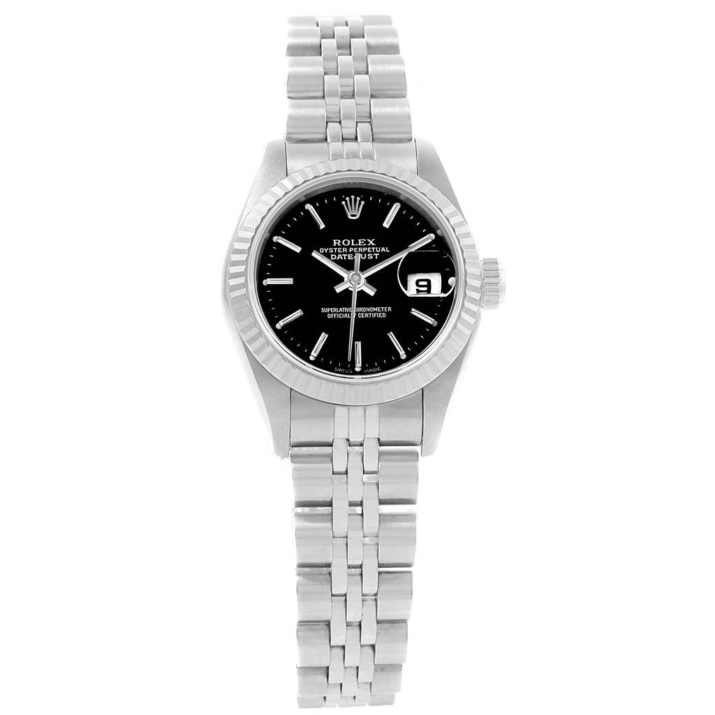 The Rolex Datejust 69174 Women's Stainless Steel Black Dial 69174 Women's Stainless Steel Black Dial watch is shown from a top-down angle, highlighting its face, bezel, and metal bracelet.