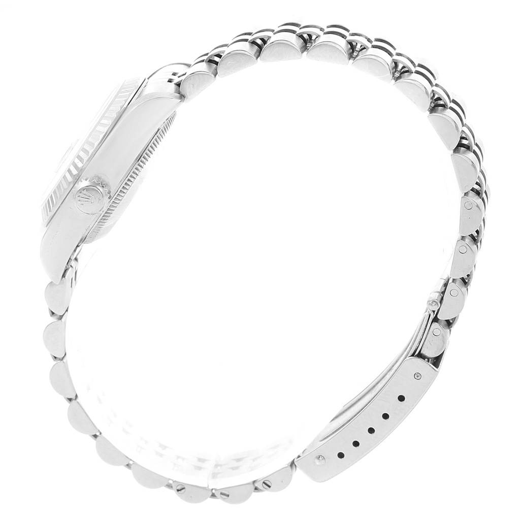 The image shows a side view of the Rolex Datejust 69174 Women's Stainless Steel Black Dial 69174 Women's Stainless Steel Black Dial watch, focusing on the bracelet and case.