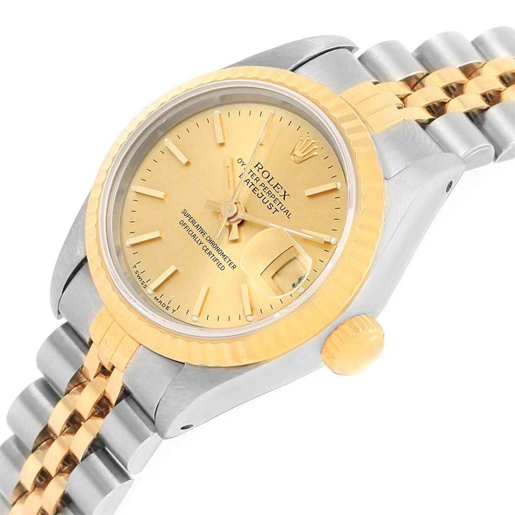 This Rolex Datejust 69173 Women's Stainless Steel Champagne Dial 69173 Women's Stainless Steel Champagne Dial model is shown at an angle highlighting the dial, bezel, case, and part of the bracelet.
