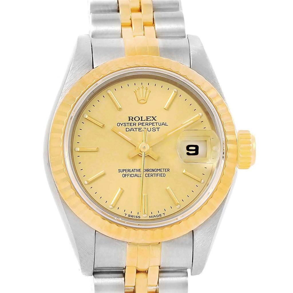 The image shows a front view of a Rolex Datejust 69173 Women's Stainless Steel Champagne Dial 69173 Women's Stainless Steel Champagne Dial watch, featuring its face, bezel, and part of the bracelet.