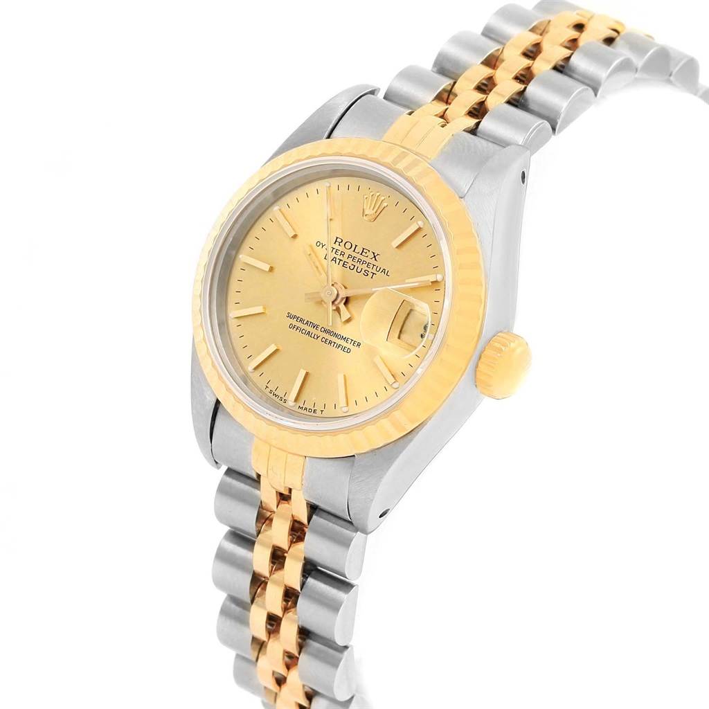The Rolex Datejust 69173 Women's Stainless Steel Champagne Dial 69173 Women's Stainless Steel Champagne Dial watch is shown from a front angle displaying the dial, bezel, crown, and part of the bracelet.