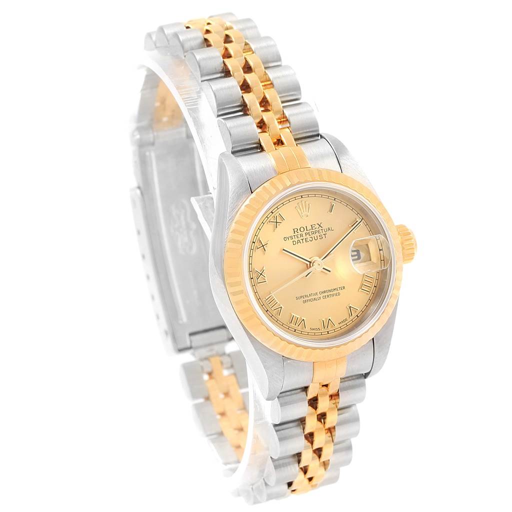 The image shows a Rolex Datejust 79173 Women's Steel and Gold (two tone) Champagne Dial 79173 Women's Steel and Gold (two tone) Champagne Dial watch angled slightly to display the face, bezel, crown, case, and two-tone bracelet.