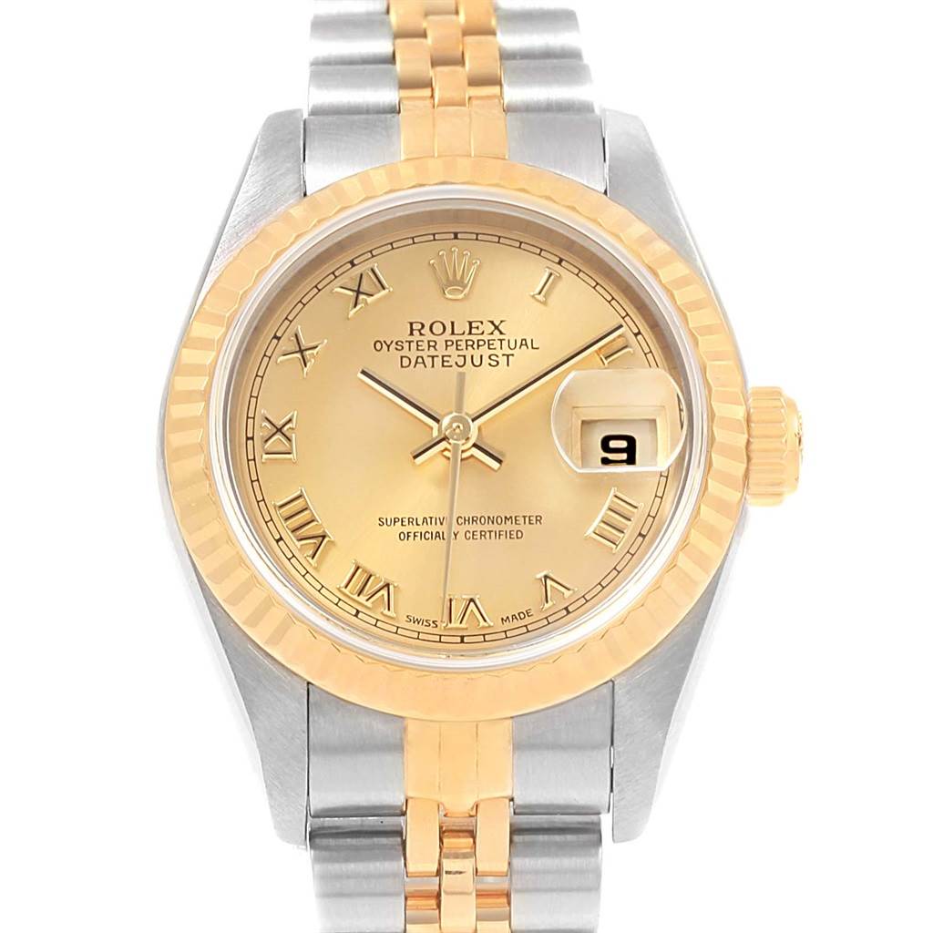 The image shows a Rolex Datejust 79173 Women's Steel and Gold (two tone) Champagne Dial 79173 Women's Steel and Gold (two tone) Champagne Dial watch from a front angle, highlighting its dial, bezel, and bracelet.