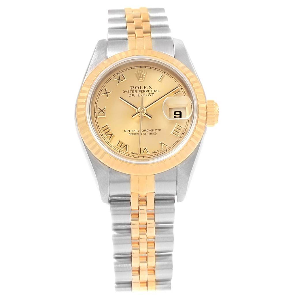 This image shows a front view of a Rolex Datejust 79173 Women's Steel and Gold (two tone) Champagne Dial 79173 Women's Steel and Gold (two tone) Champagne Dial watch, highlighting its dial, bezel, and bracelet.