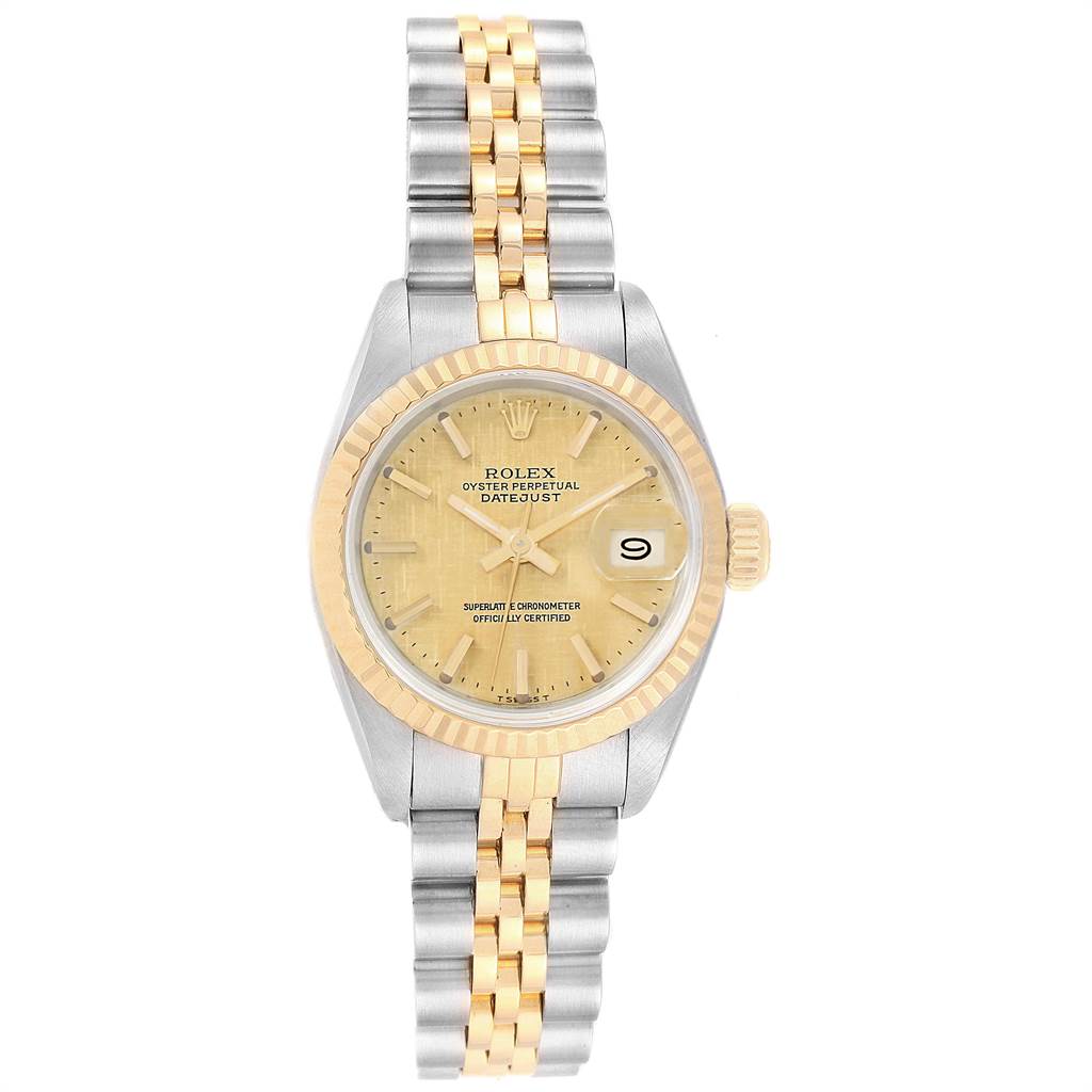 The image shows a front view of a Rolex Datejust 69173 Women's Stainless Steel Champagne Dial 69173 Women's Stainless Steel Champagne Dial watch, highlighting its gold and silver bracelet, fluted bezel, and date window at 3 o'clock.