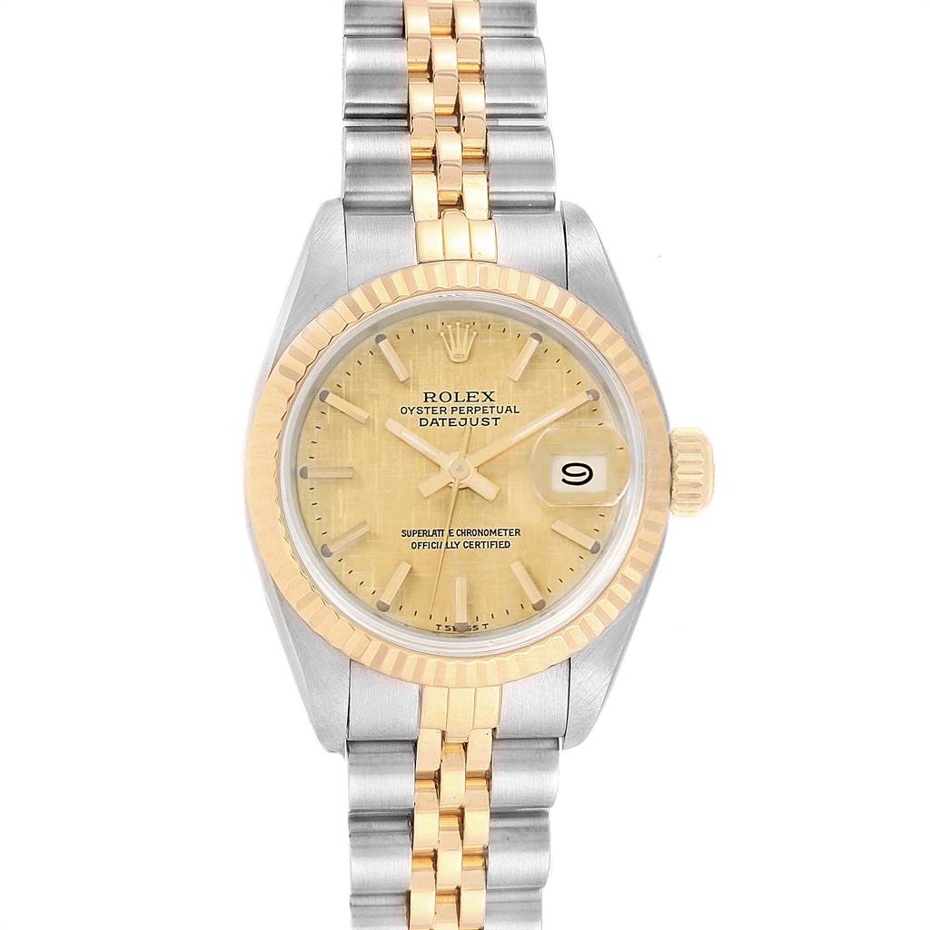 This image shows the front view of a Rolex Datejust 69173 Women's Stainless Steel Champagne Dial 69173 Women's Stainless Steel Champagne Dial watch, highlighting the dial, bezel, and bracelet.