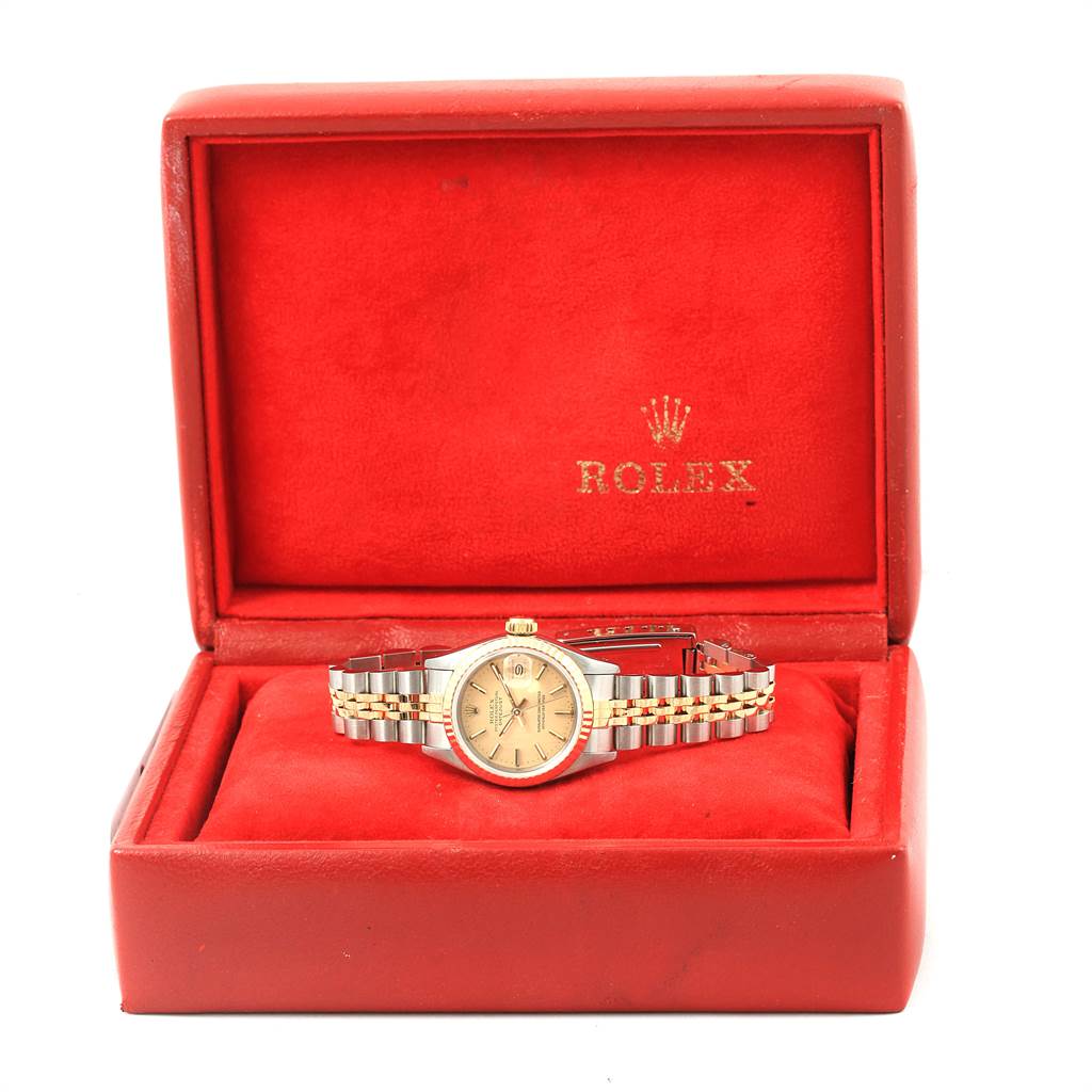 The Rolex Datejust 69173 Women's Stainless Steel Champagne Dial 69173 Women's Stainless Steel Champagne Dial watch is displayed front-facing in its open red box.