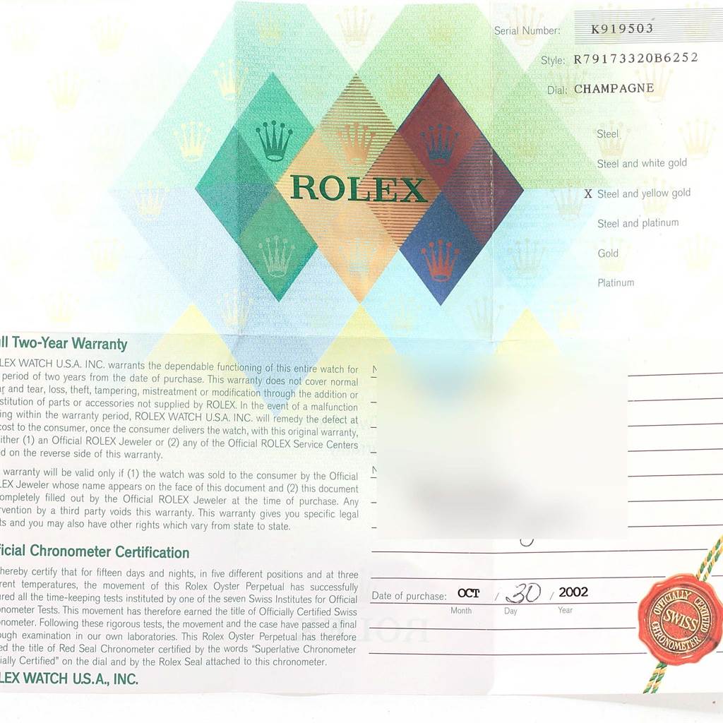 This image shows the warranty card and authentication details for a Rolex Datejust 79173 Women's Steel and Gold (two tone) Champagne Dial 79173 Women's Steel and Gold (two tone) Champagne Dial watch, including the serial number and purchase date.