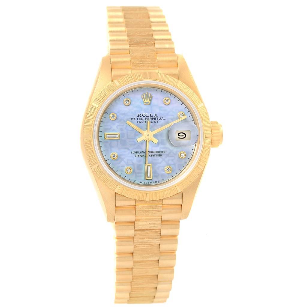 This Rolex Datejust 69278 Women's Yellow Gold Mother of Pearl Dial 69278 Women's Yellow Gold Mother of Pearl Dial watch is shown from the front, displaying the dial, hands, bezel, crown, and bracelet.