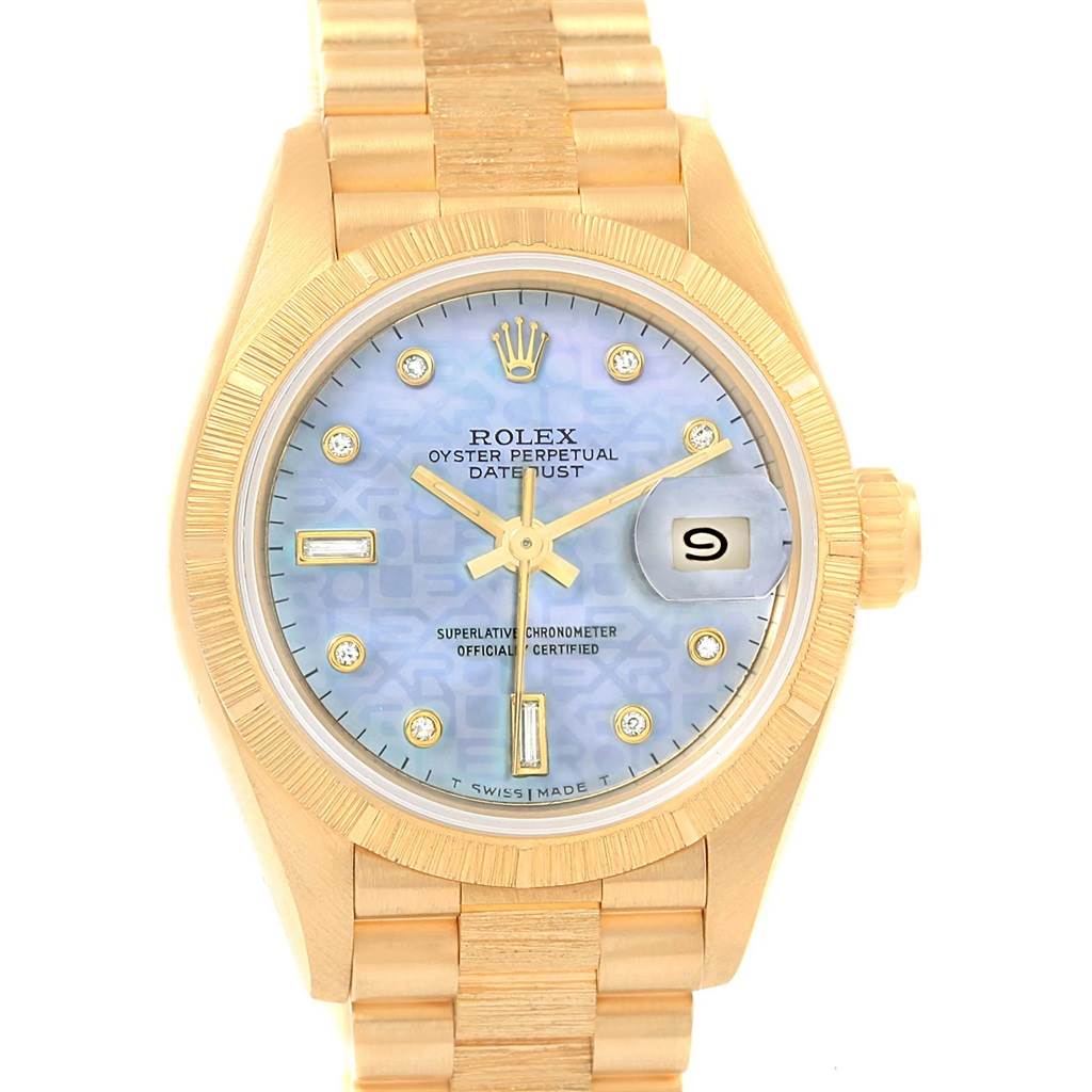 This Rolex Datejust 69278 Women's Yellow Gold Mother of Pearl Dial 69278 Women's Yellow Gold Mother of Pearl Dial watch is shown from the front, displaying the dial, bezel, and part of the bracelet.